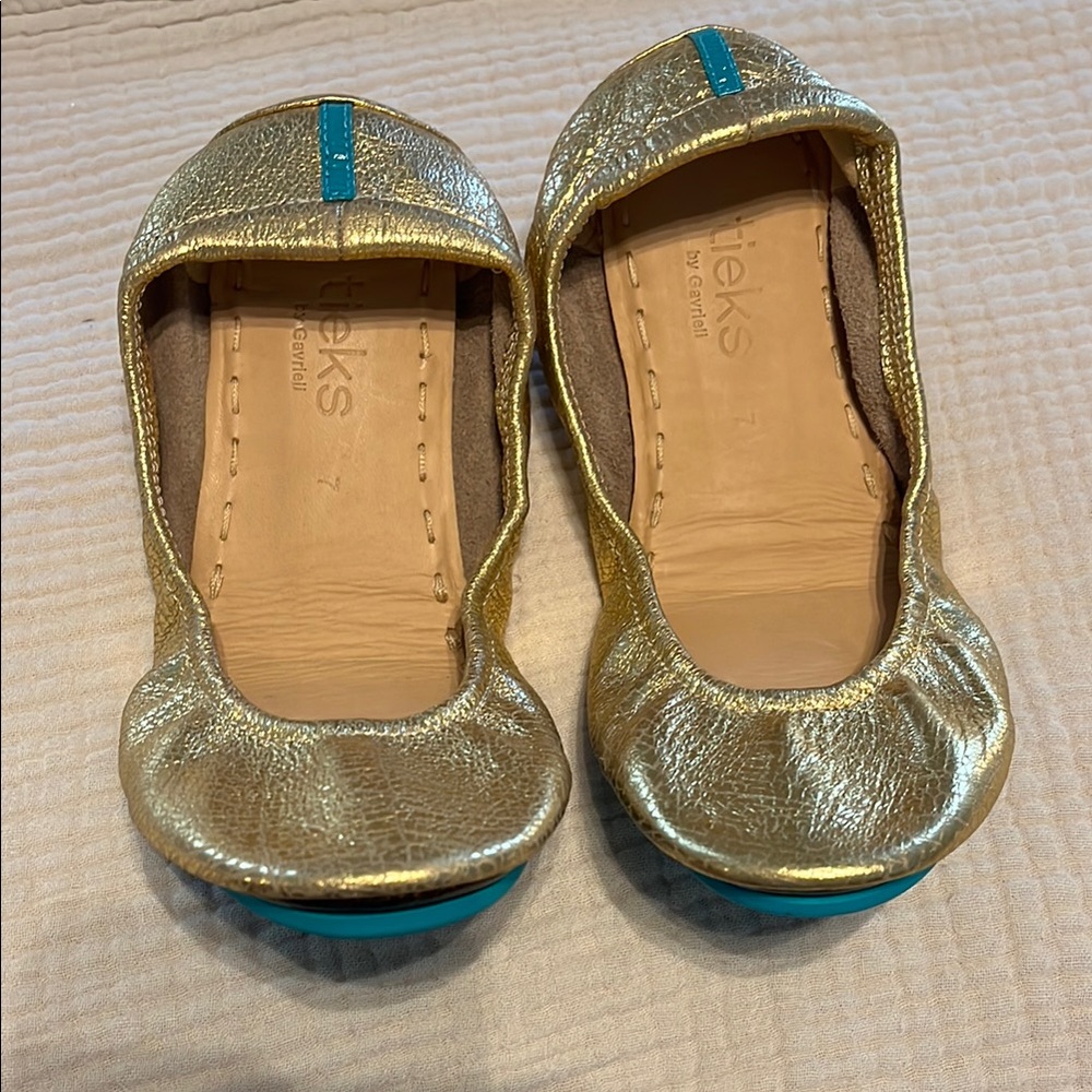 Tieks Gold Ballet Flats Turquoise Accent